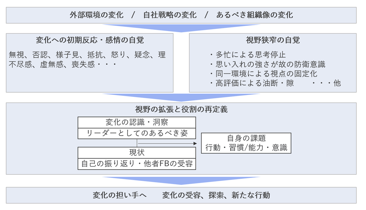 環境変化のもとでリーダーが視野を拡張し役割を再定義するプロセス図