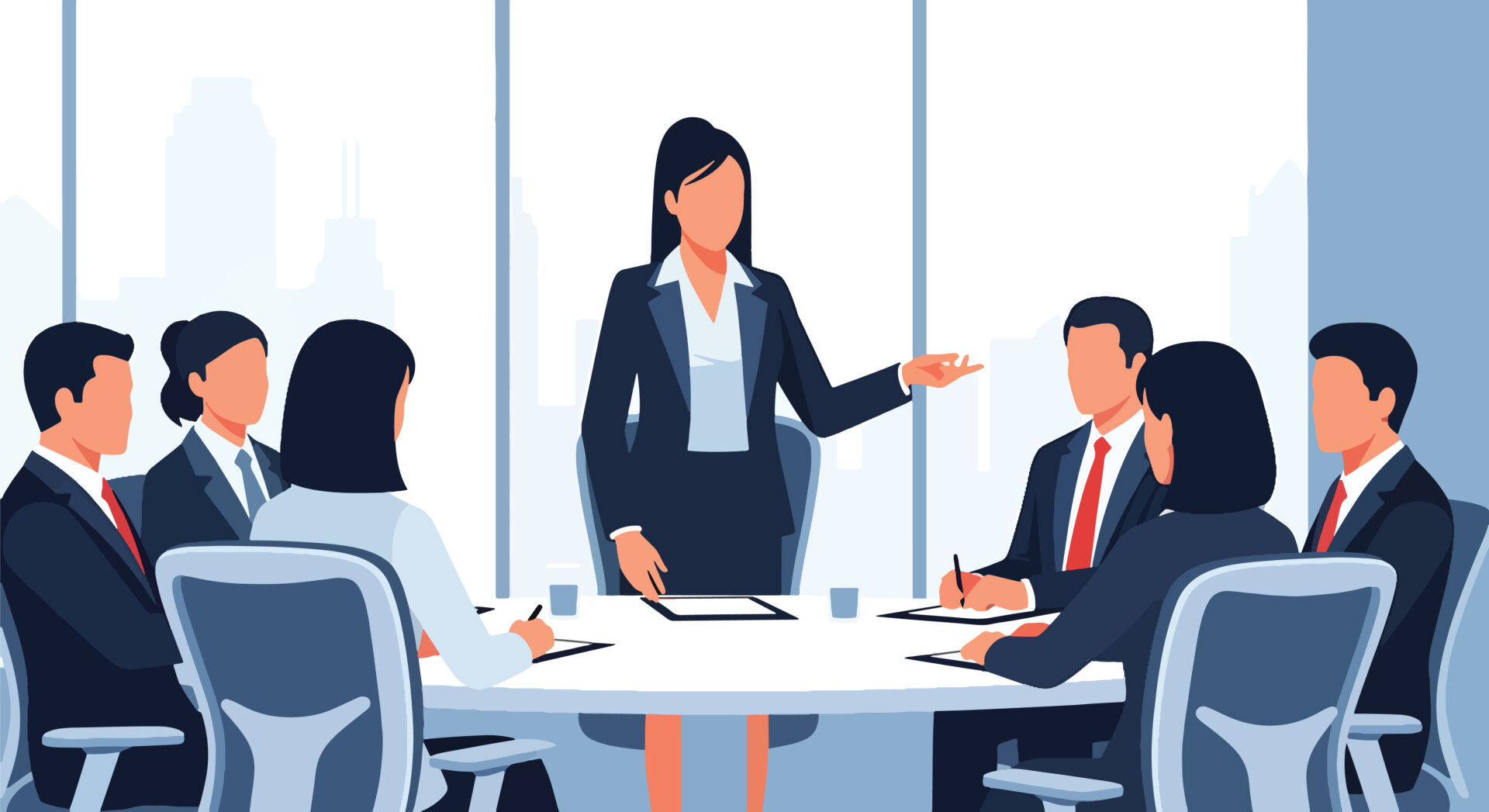 会議で主体的に発言し、チームをリードする女性管理職の姿